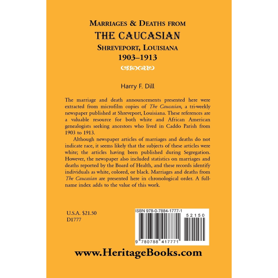 back cover of Marriages and Deaths from The Caucasian, Shreveport, Louisiana, 1903-1913