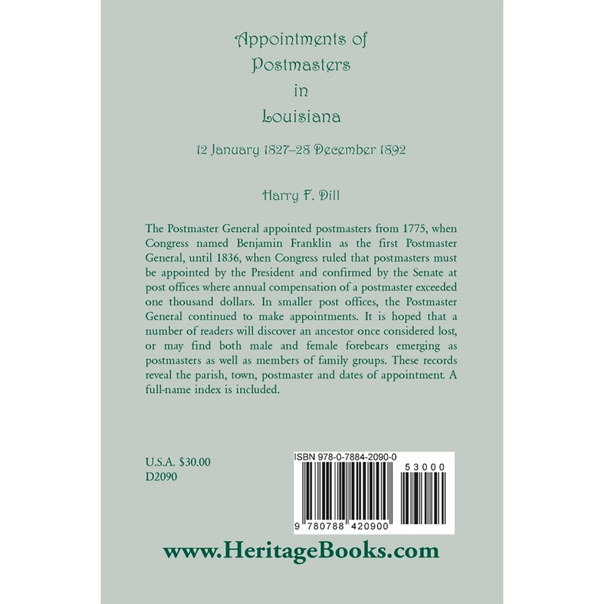 Appointments of Postmasters in Louisiana, 12 January 1827-28 December 1892 back cover