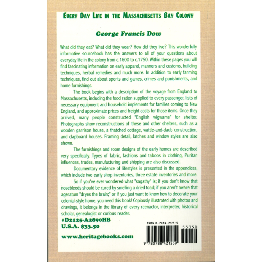 Every Day Life in the Massachusetts Bay Colony back cover