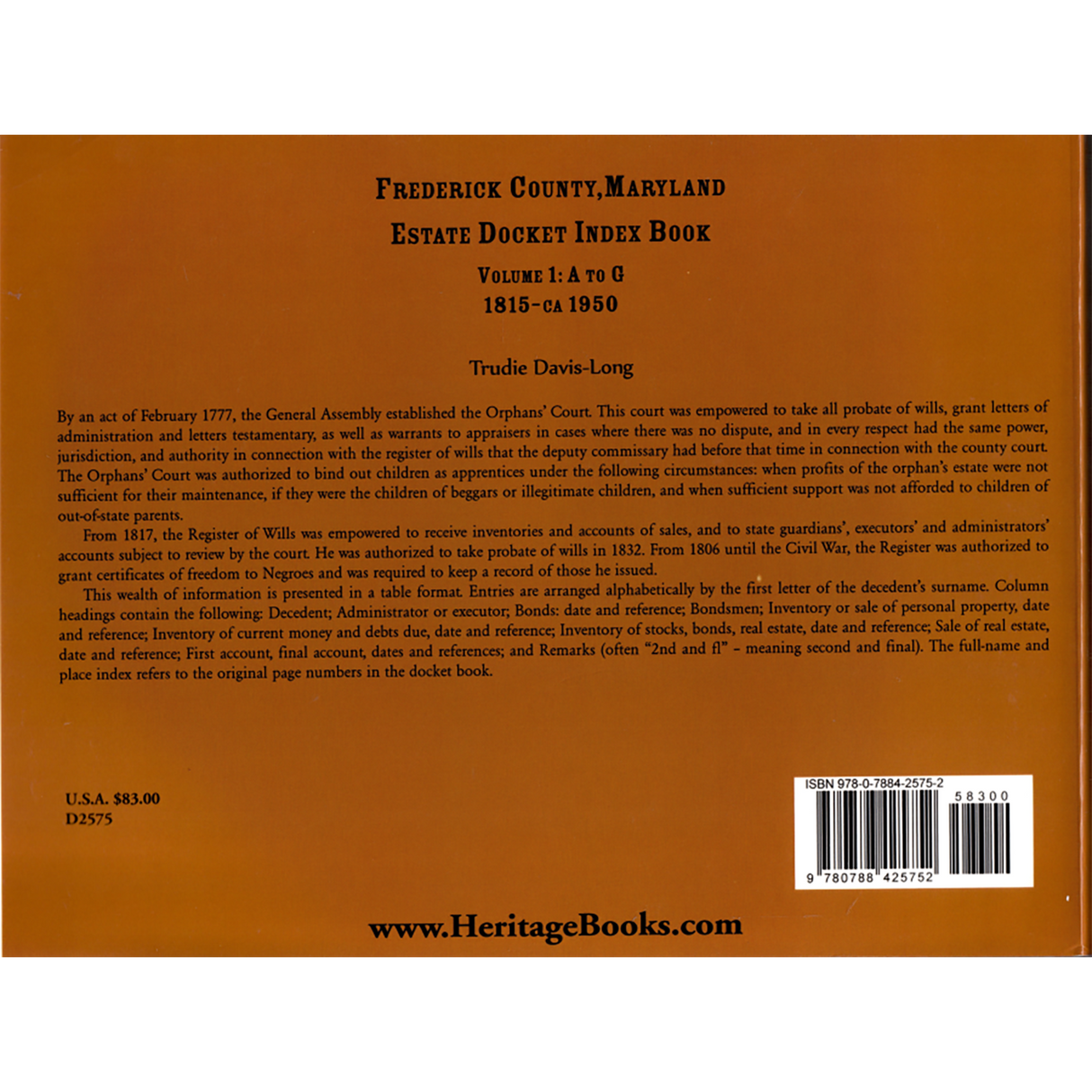 Frederick County, Maryland Estate Docket Index Book, Volume 1: A to G, 1815-ca 1950 back cover