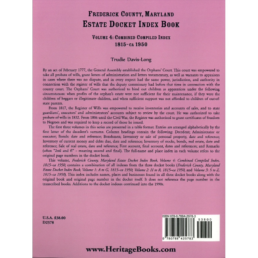 Frederick County, Maryland Estate Docket Index Book, Volume 4: Combined Compiled Index, 1815-ca 1950 back cover