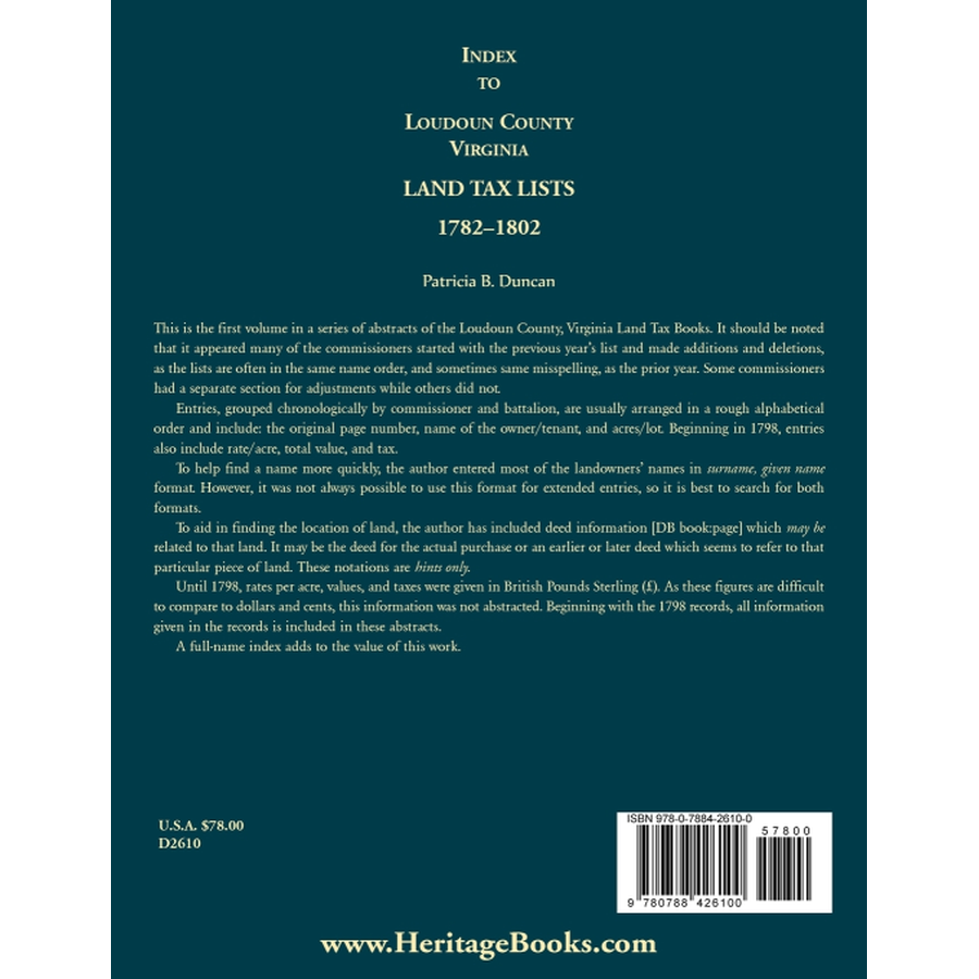 Index to Loudoun County, Virginia Land Tax Lists, 1782-1802 back cover