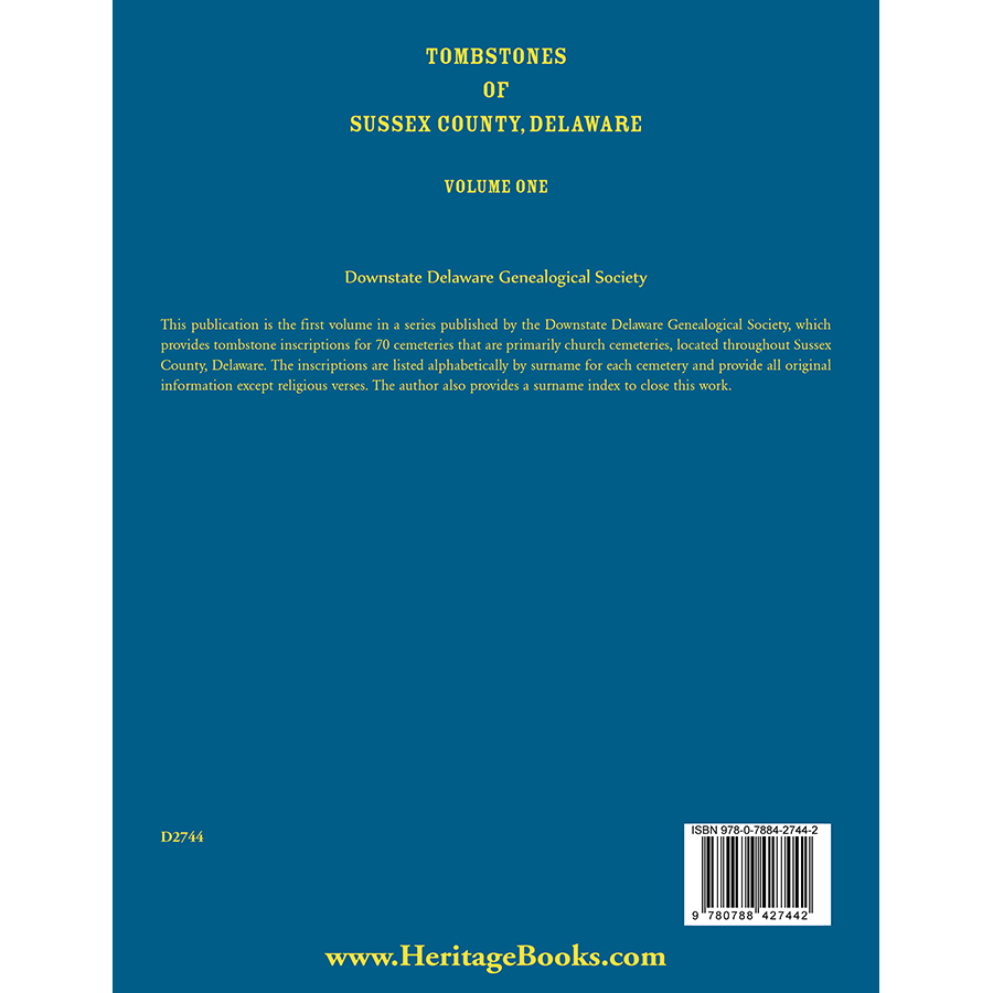 Tombstones of Sussex County, Delaware, Volume One back cover