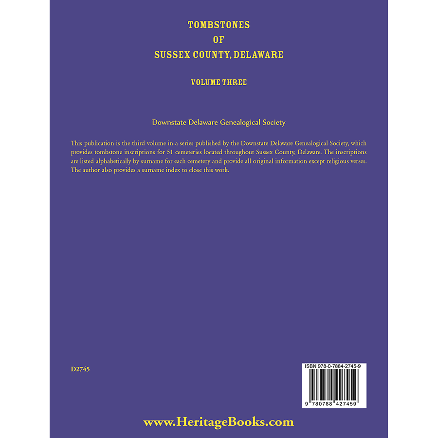 Tombstones of Sussex County, Delaware, Volume Three back cover