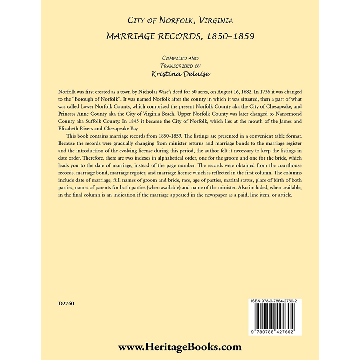 City of Norfolk, Virginia Marriage Records, 1850-1859 back cover