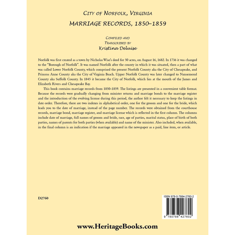 City of Norfolk, Virginia Marriage Records, 1850-1859 back cover