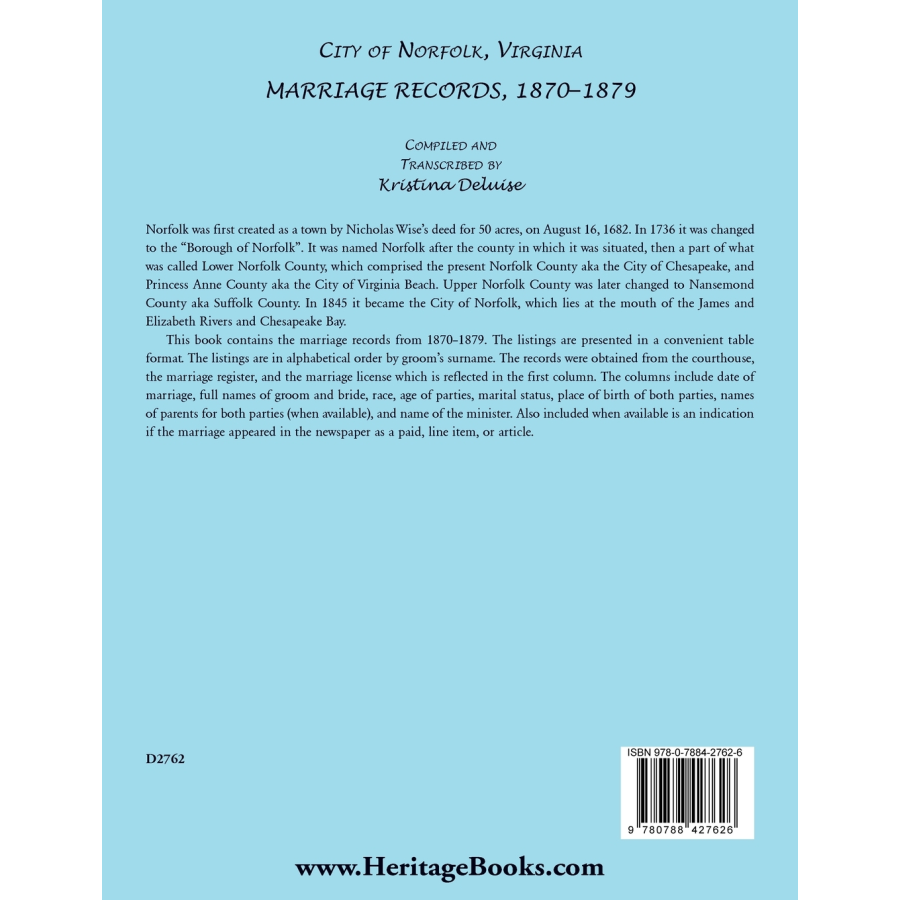 City of Norfolk, Virginia Marriage Records, 1870-1879 back cover
