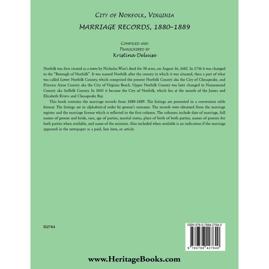 City of Norfolk, Virginia Marriage Records, 1880-1889 back cover