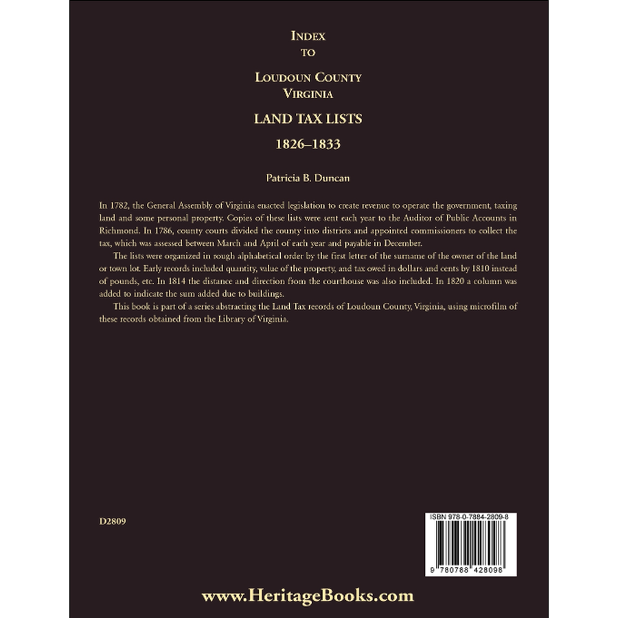 Index to Loudoun County, Virginia Land Tax Lists, 1826-1833 back cover