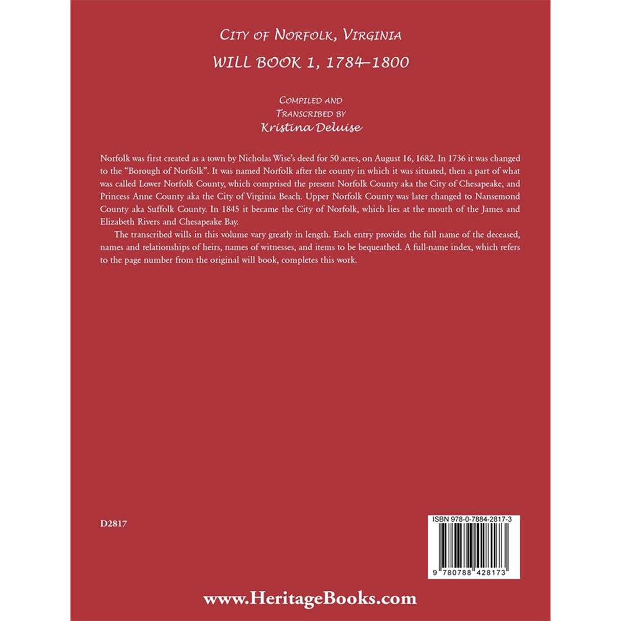 City of Norfolk, Virginia Will Book 1, 1784-1800 back cover