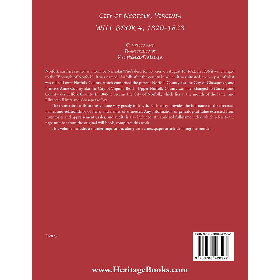 back cover of City of Norfolk, Virginia Will Book 4, 1820-1828