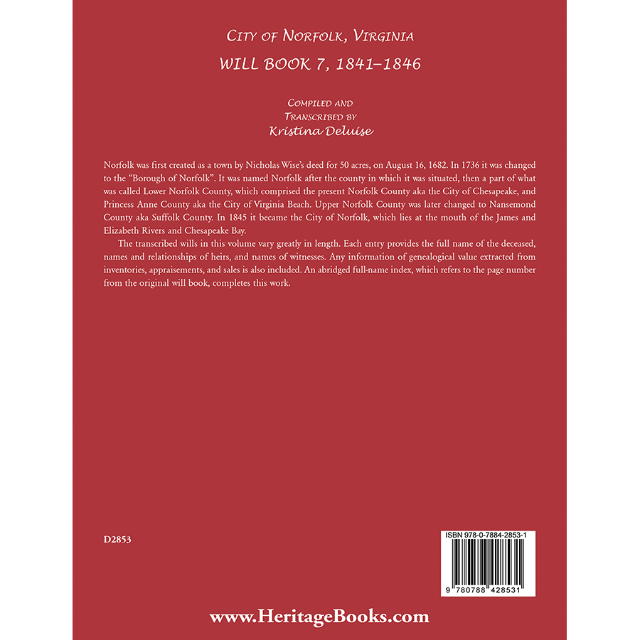 back cover of City of Norfolk, Virginia Will Book 7, 1841-1846