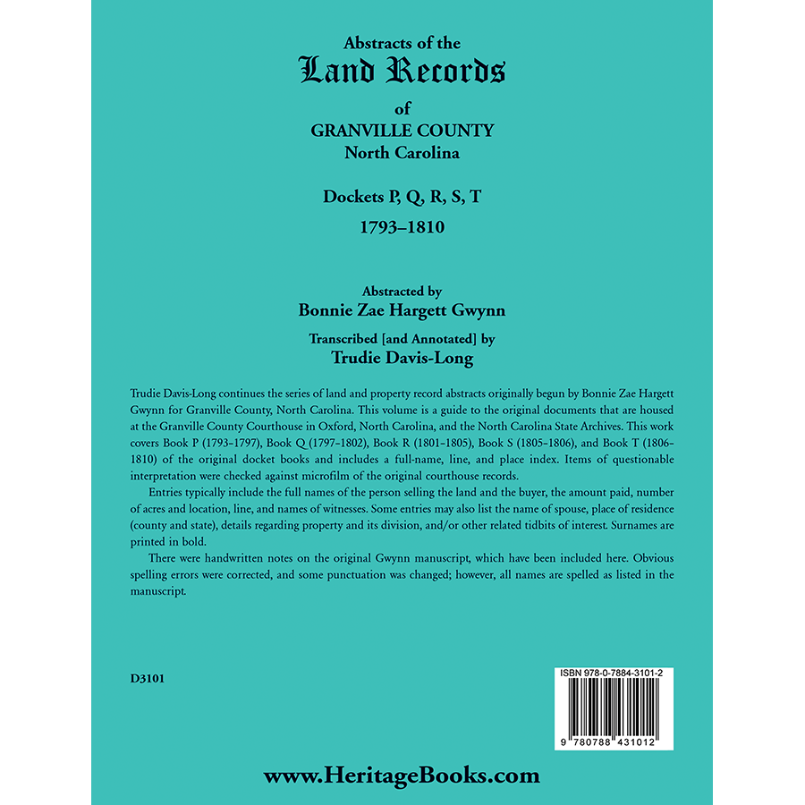 Abstracts of the Land Records of Granville County, North Carolina Dockets P, Q, R, S, T, 1793-1810 back cover