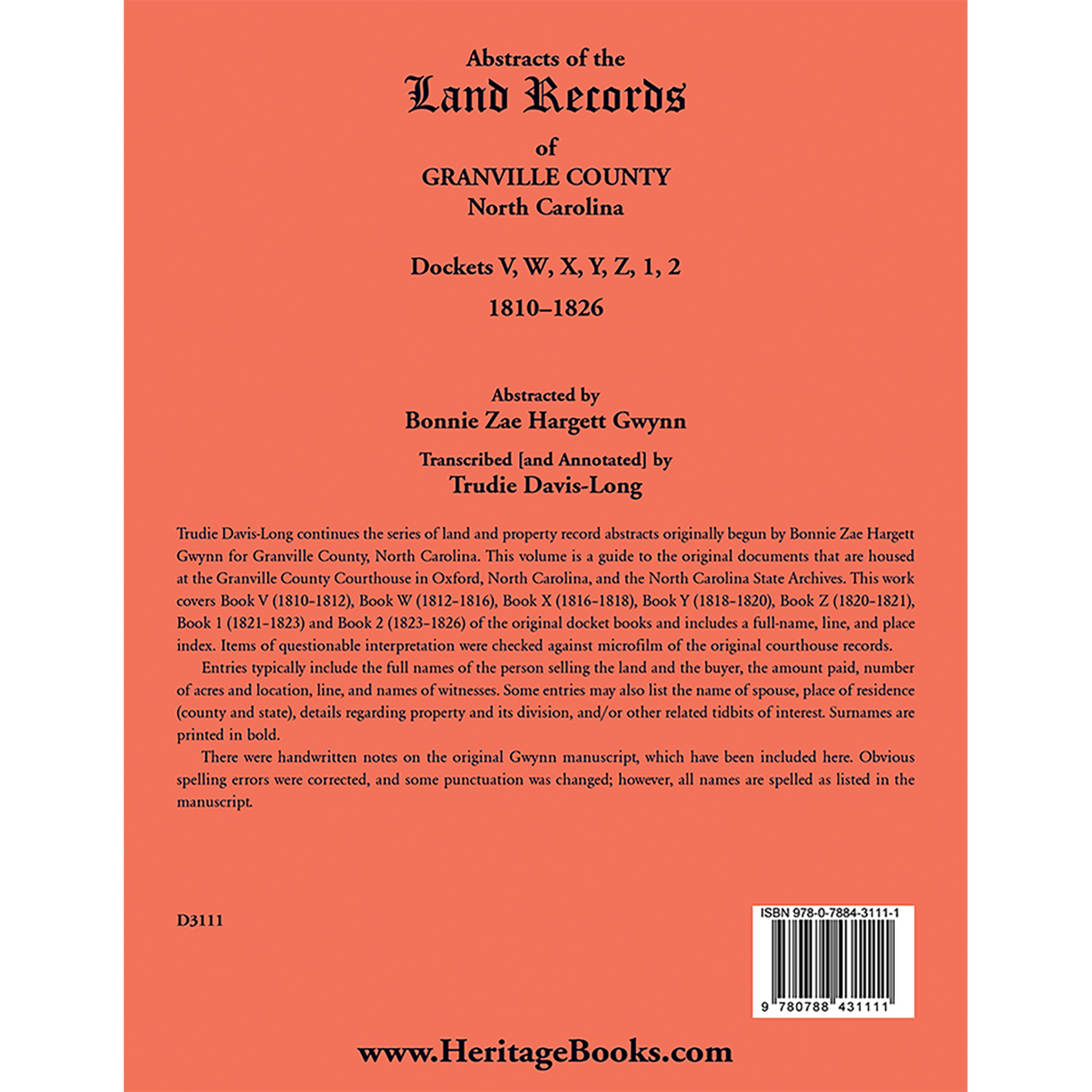 Abstracts of the Land Records of Granville County, North Carolina: Dockets V, W, X, Y, Z, 1, 2, 1810–1826 back cover