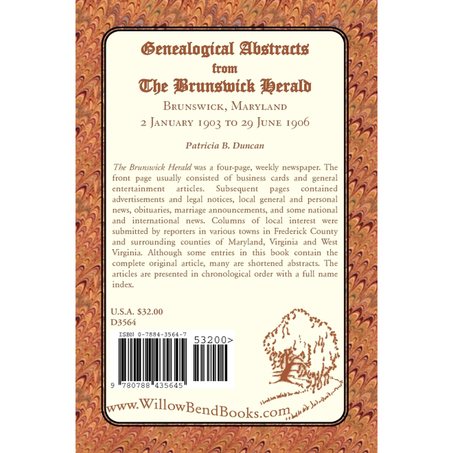 Genealogical Abstracts from the Brunswick Herald, Brunswick, Maryland 2 January 1903 to 29 June 1906 back cover
