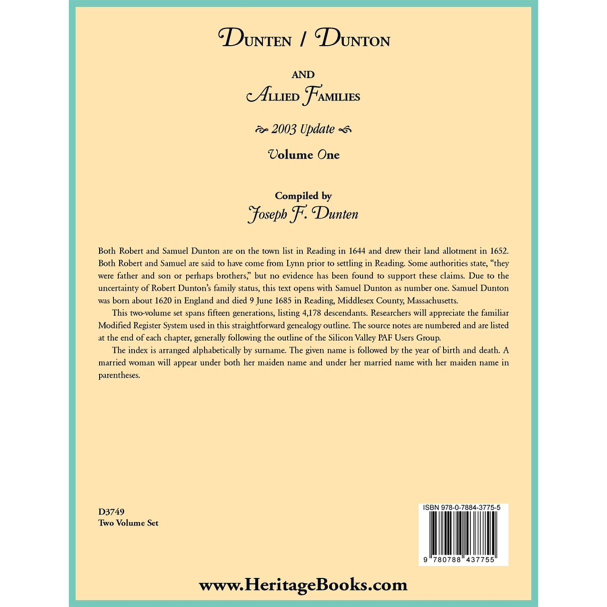 Dunten/Dunton and Allied Families, 2003 update, Volume I back cover