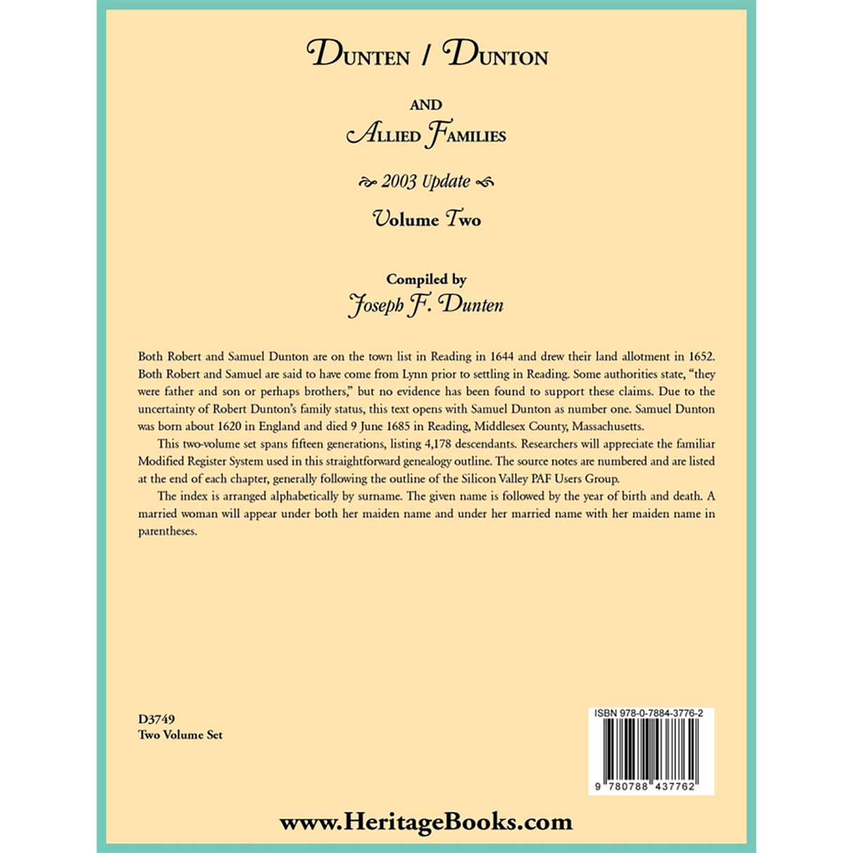 Dunten/Dunton and Allied Families, 2003 update, Volume II back cover