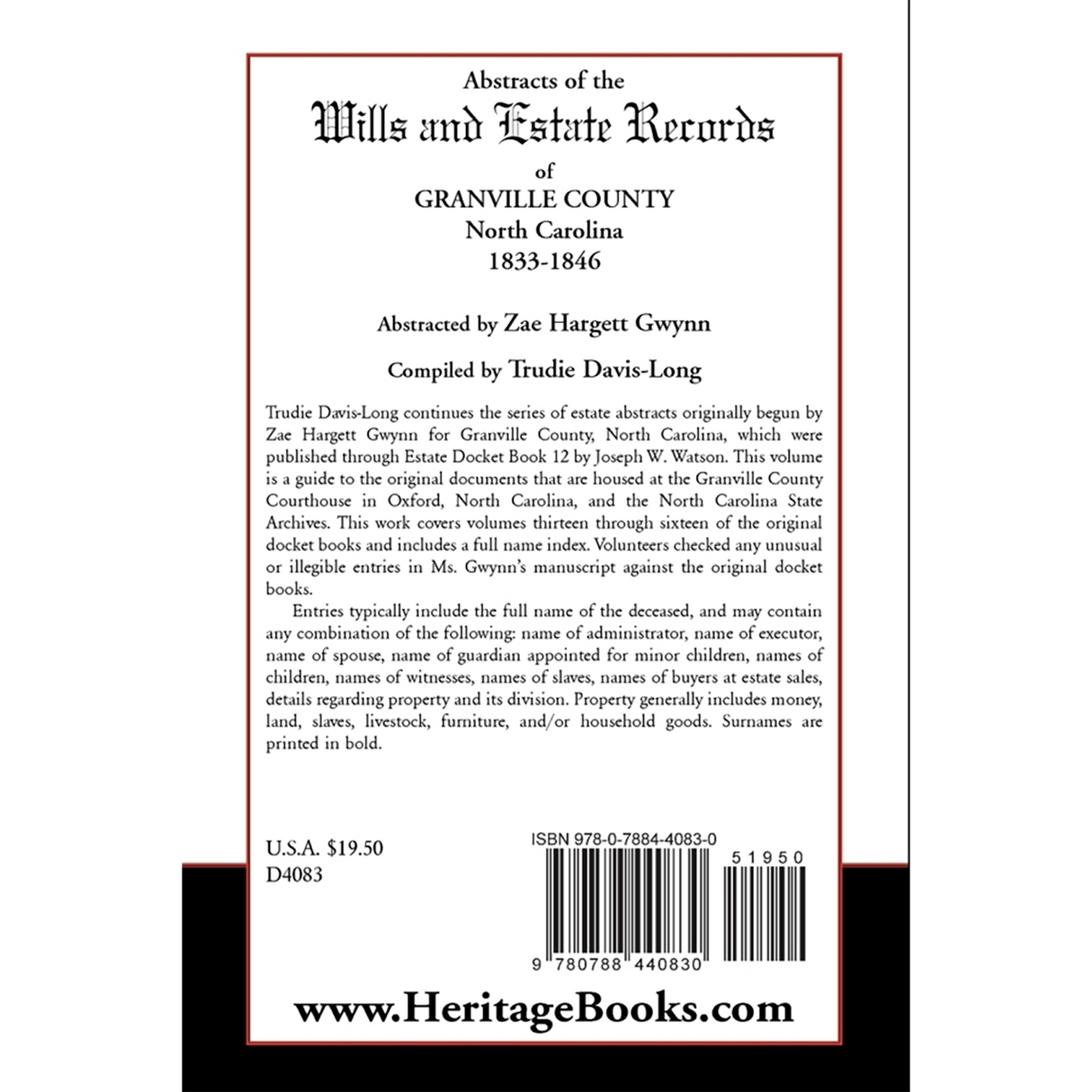 Abstracts of the Wills and Estate Records of Granville County, North Carolina, 1833-1846 back cover
