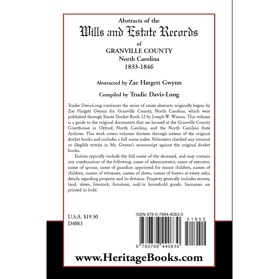 back cover of Abstracts of the Wills and Estate Records of Granville County, North Carolina, 1833-1846
