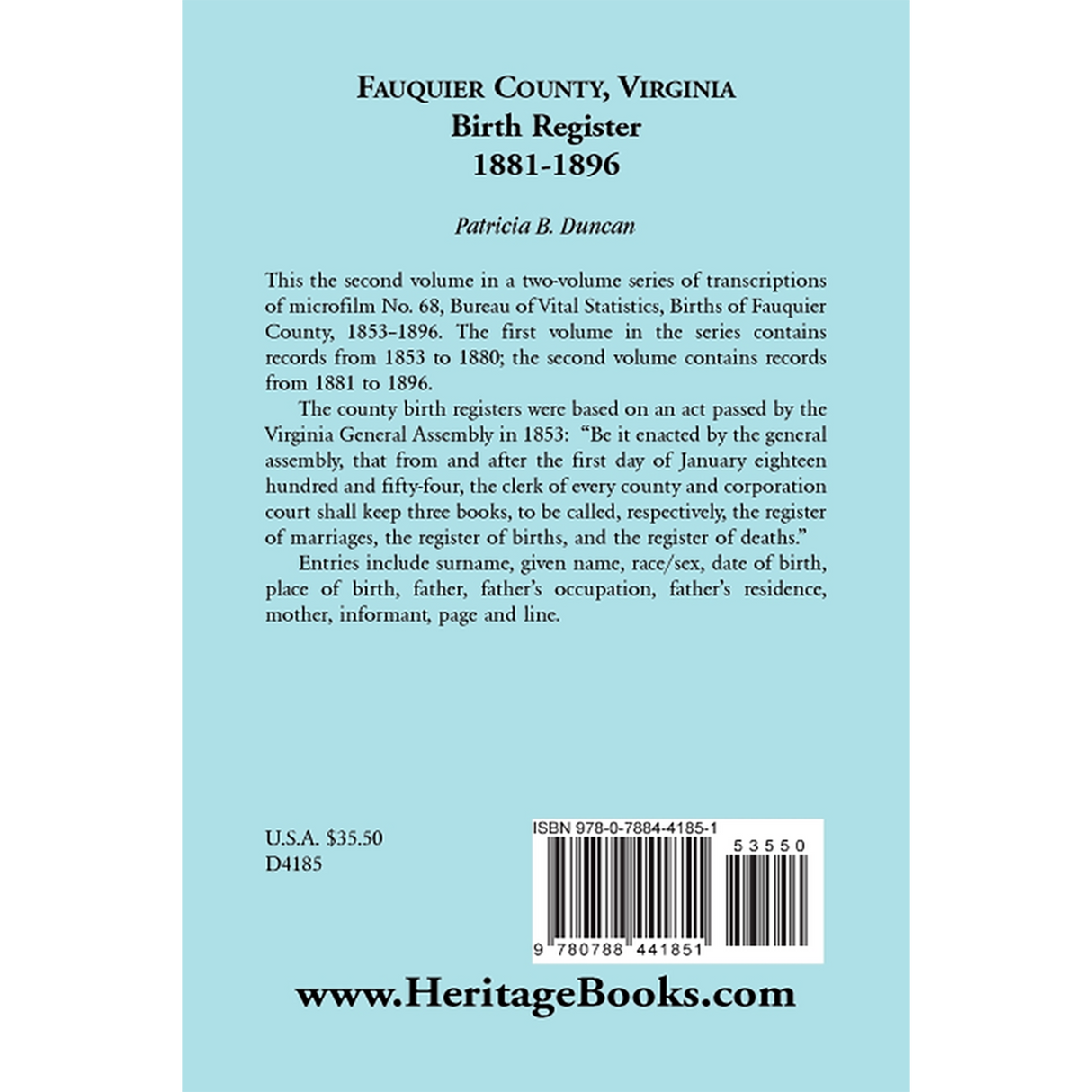 Fauquier County, Virginia Birth Register 1881-1896 back cover