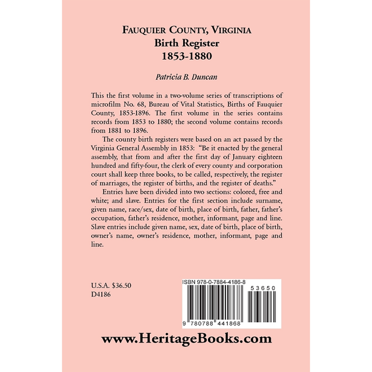Fauquier County, Virginia Birth Register 1853-1880 back cover