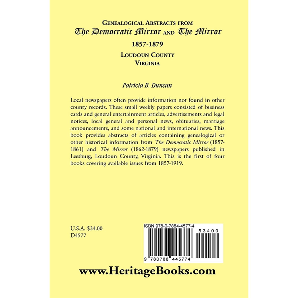 Genealogical Abstracts from the Democratic Mirror and the Mirror, 1857-1879, Loudoun County, Virginia back cover