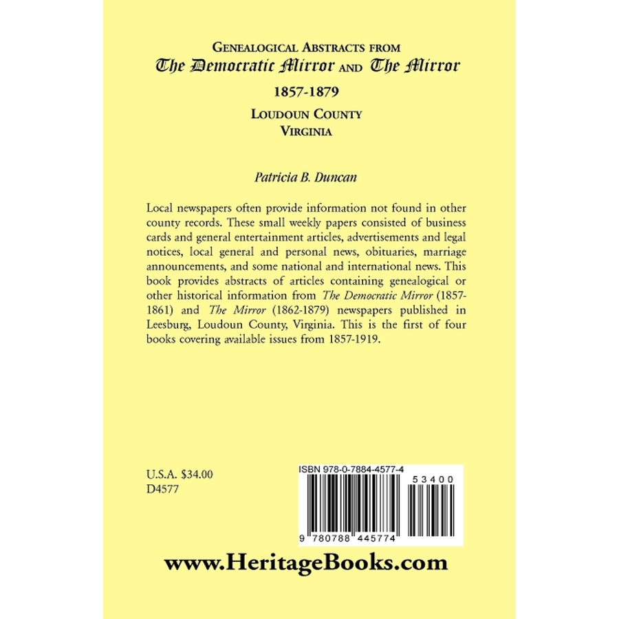 back cover of Genealogical Abstracts from the Democratic Mirror and the Mirror, 1857-1879, Loudoun County, Virginia