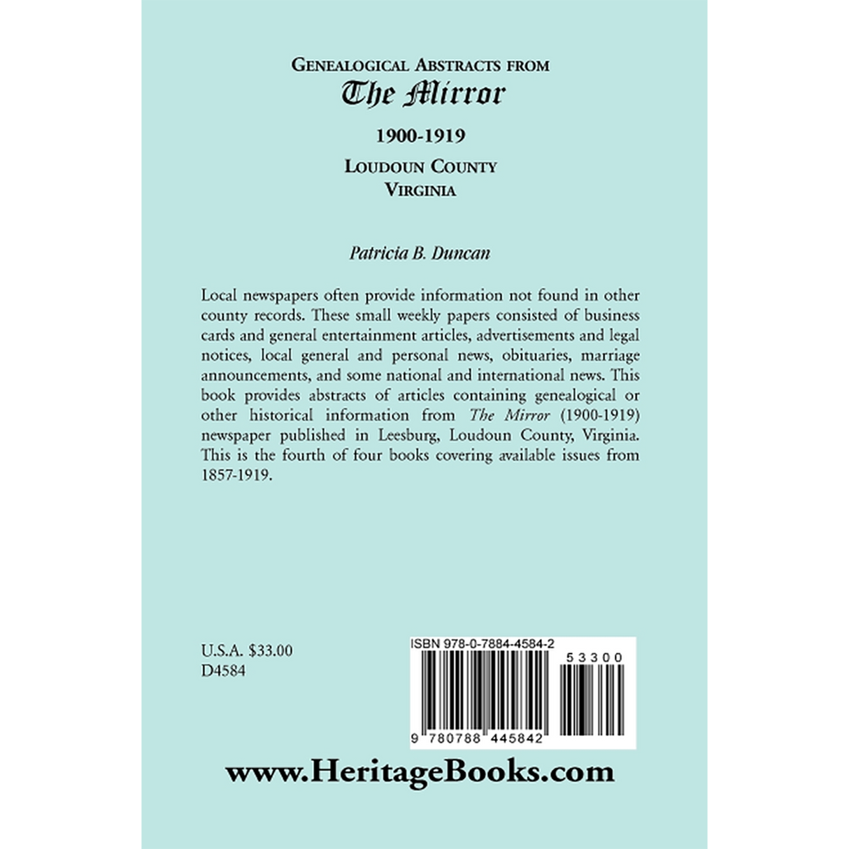 Genealogical Abstracts from the Mirror, 1900-1919, Loudoun County, Virginia back cover