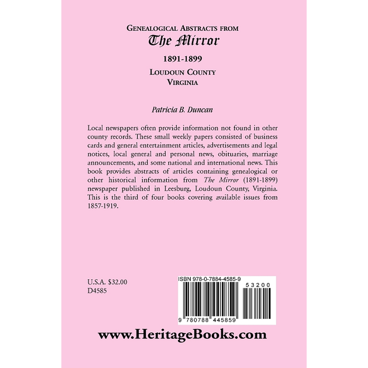 Genealogical Abstracts from the Mirror, 1891-1899, Loudoun County, Virginia back cover