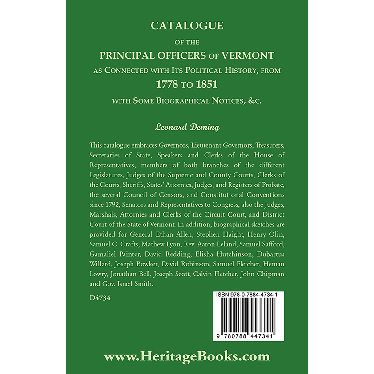 Catalogue of the Principal Officers of Vermont, as Connected with its Political History, from 1778 to 1851, with some Biographical Notices back cover