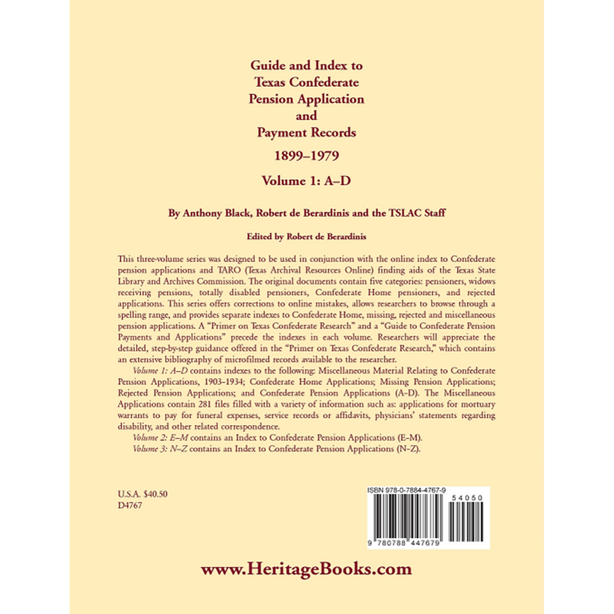 Guide and Index to Texas Confederate Pension Application and Payment Records, 1899-1979, Volume 1, A-D back cover