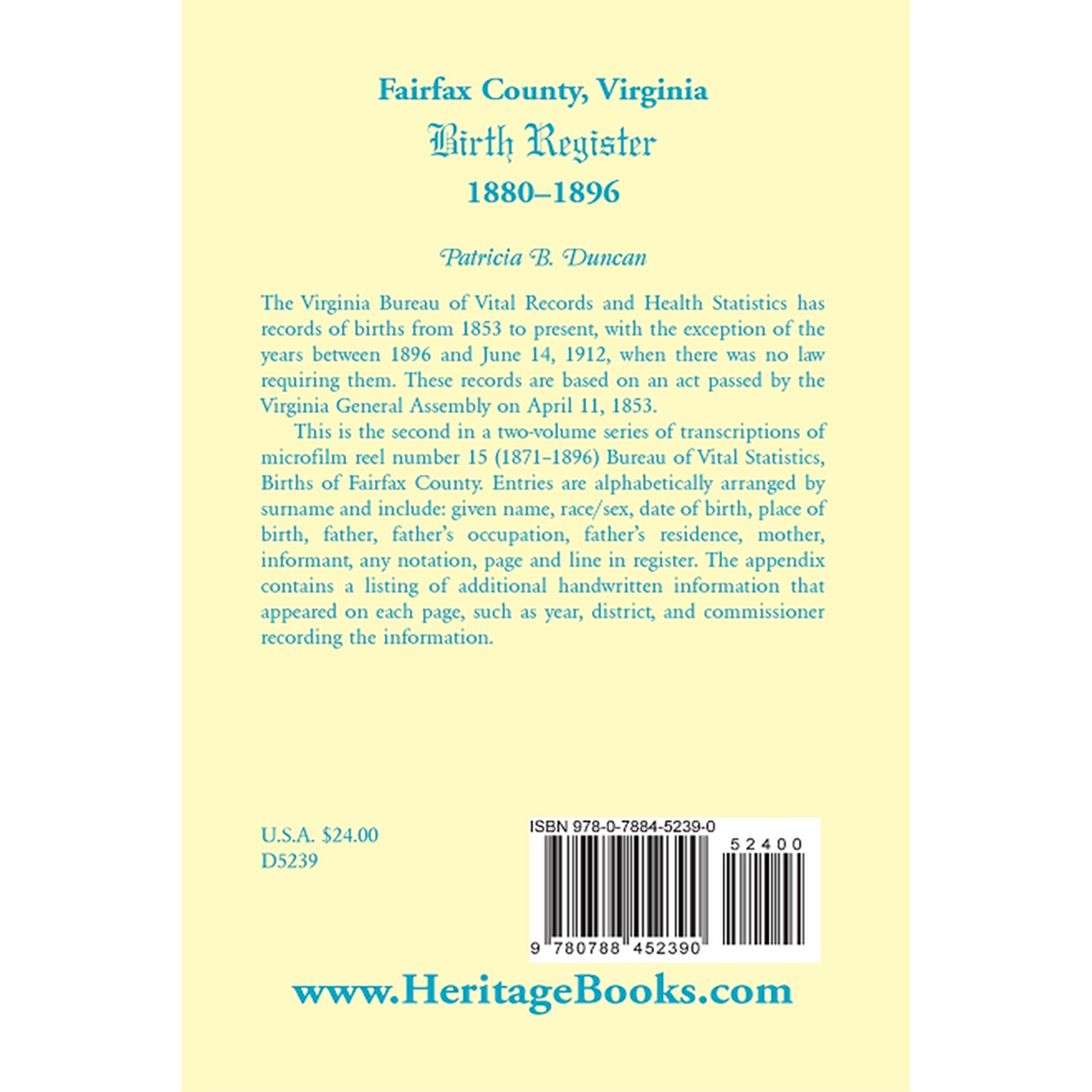 Fairfax County, Virginia Birth Register, 1880-1896 back cover
