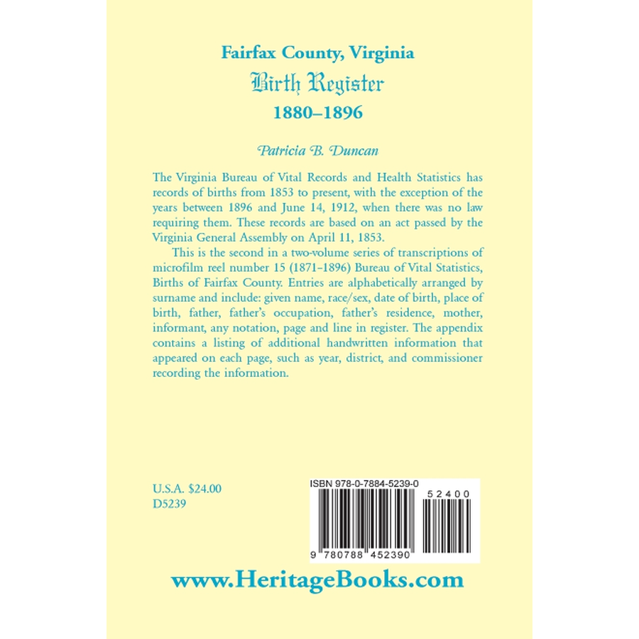 back cover of Fairfax County, Virginia Birth Register, 1880-1896