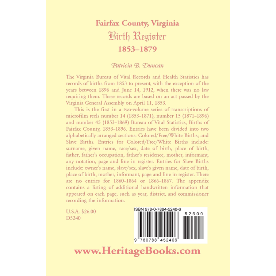 back cover of Fairfax County, Virginia Birth Register, 1853-1879