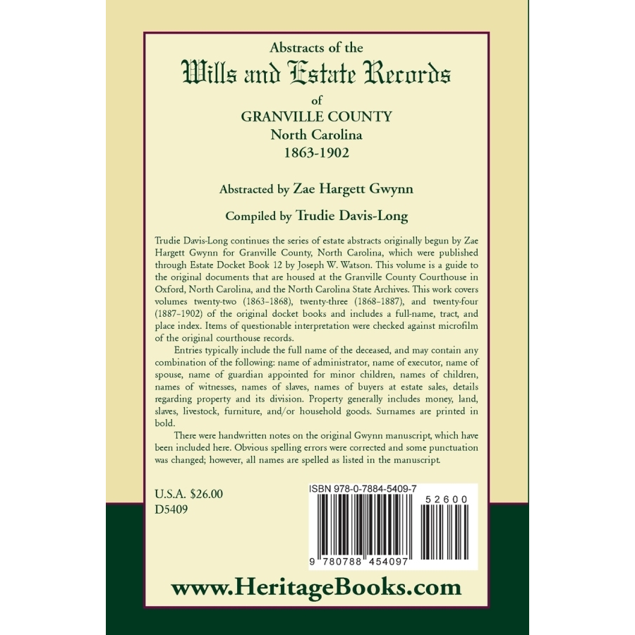 back cover of Abstracts of the Wills and Estate Records of Granville County, North Carolina, 1863-1902 by Zae Hargett Gwynn