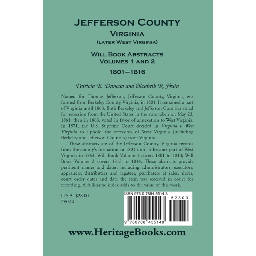 back cover of Jefferson County, Virginia (later West Virginia), Will Book Abstracts, Volumes 1 and 2, 1801-1816