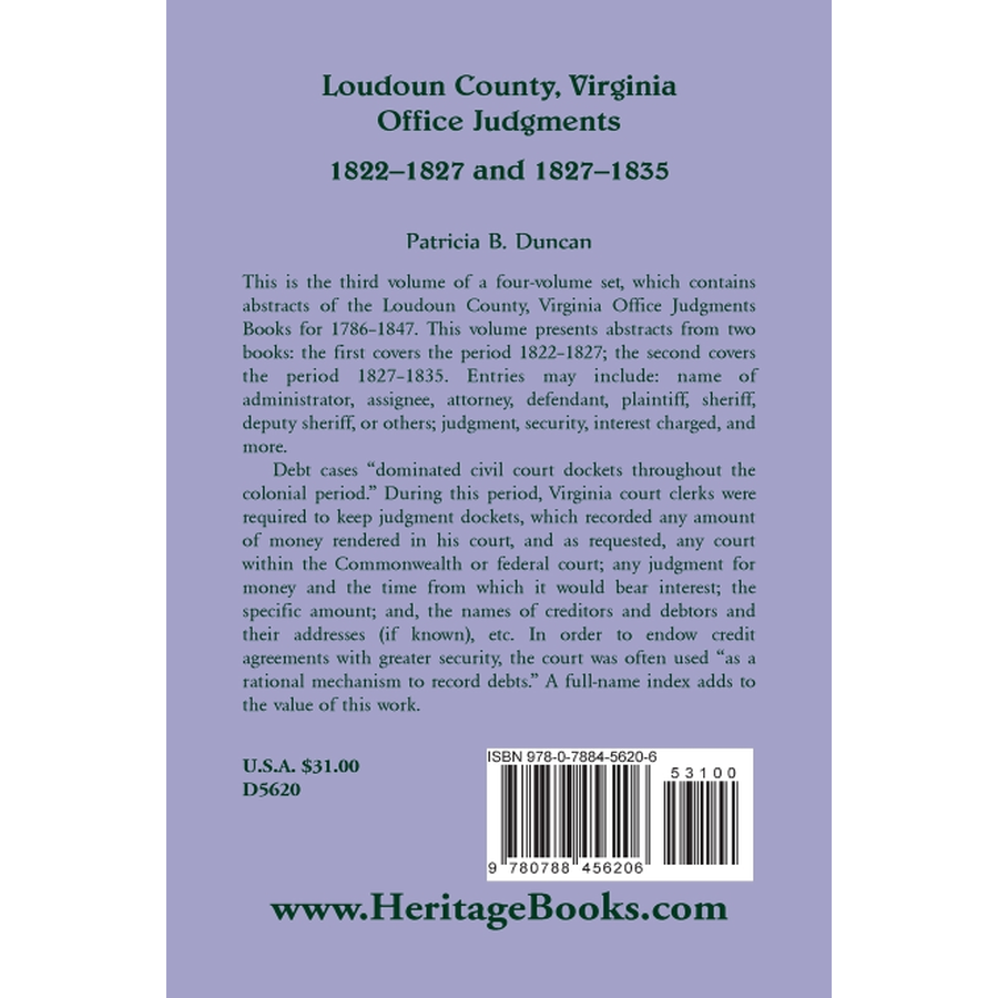 back cover of Loudoun County, Virginia Office Judgments: 1822-1827 and 1827-1835