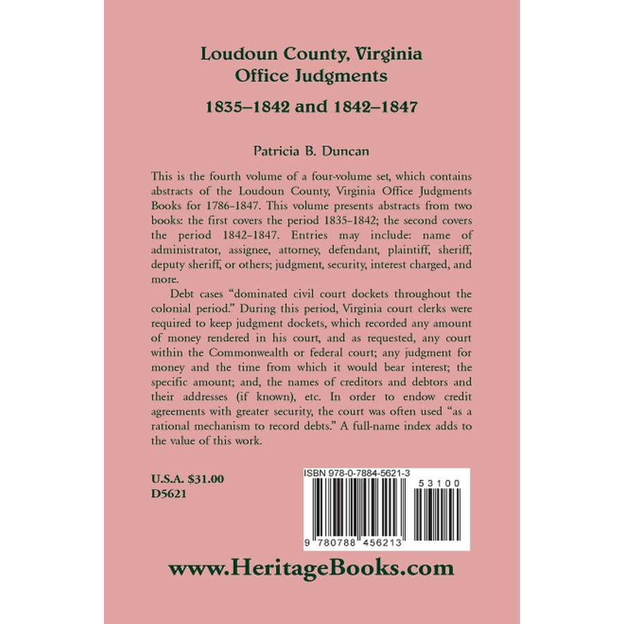 back cover of Loudoun County, Virginia Office Judgments: 1835-1842 and 1842-1847