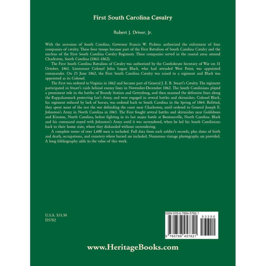 back cover of First South Carolina Cavalry