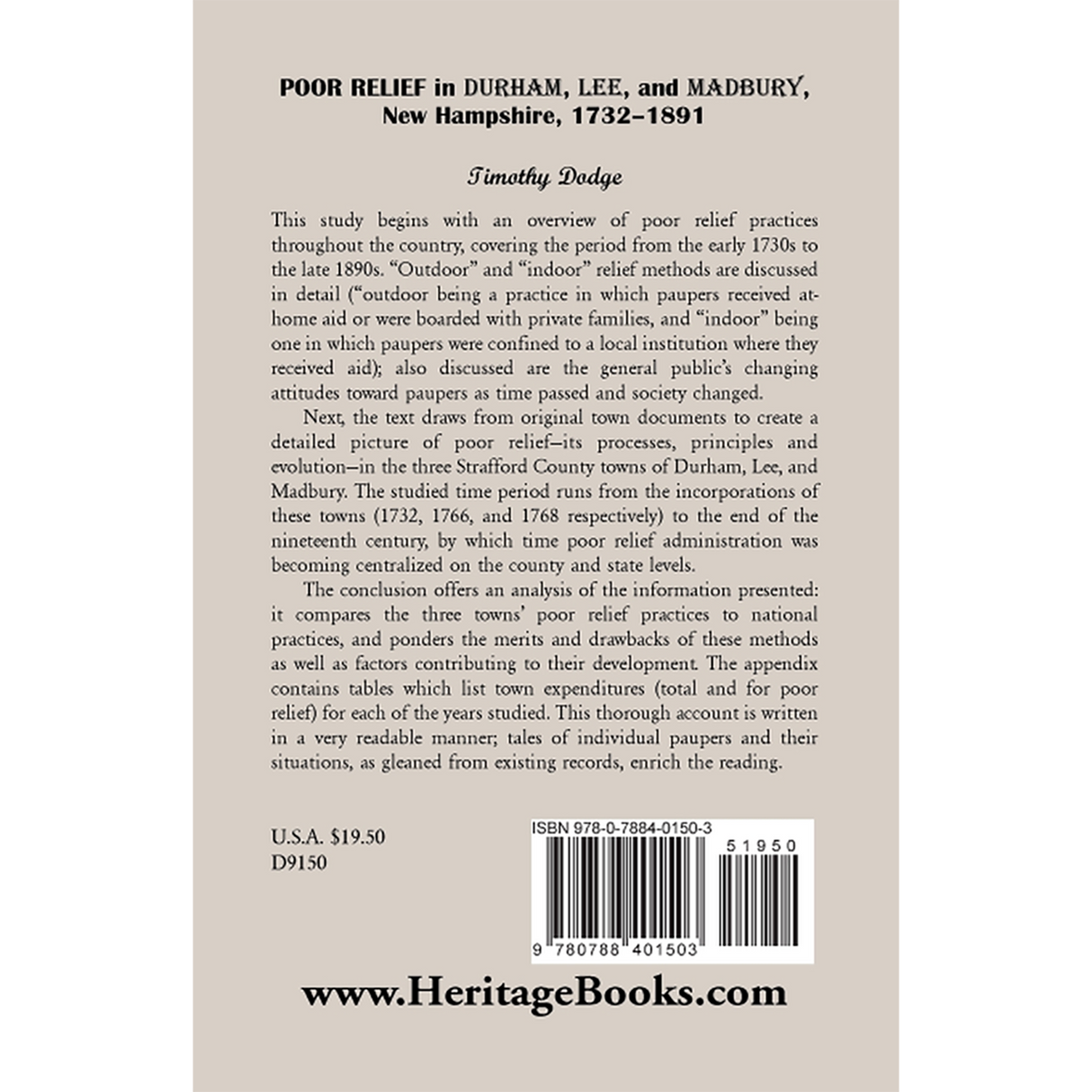 Poor Relief in Durham, Lee, and Madbury, New Hampshire, 1732-1891 back cover