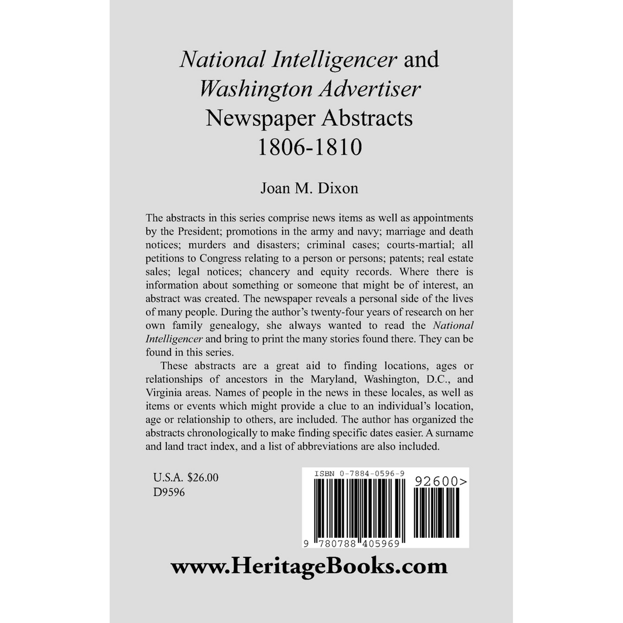 National Intelligencer and Washington Advertiser Newspaper Abstracts, 1806-1810 back cover