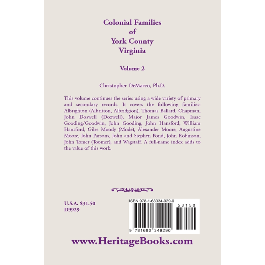 back cover of Colonial Families of York County, Virginia, Volume 2