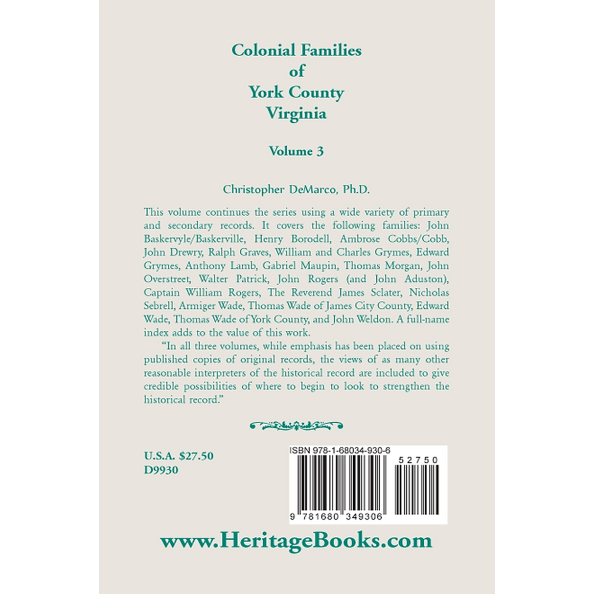 Colonial Families of York County, Virginia, Volume 3 back cover