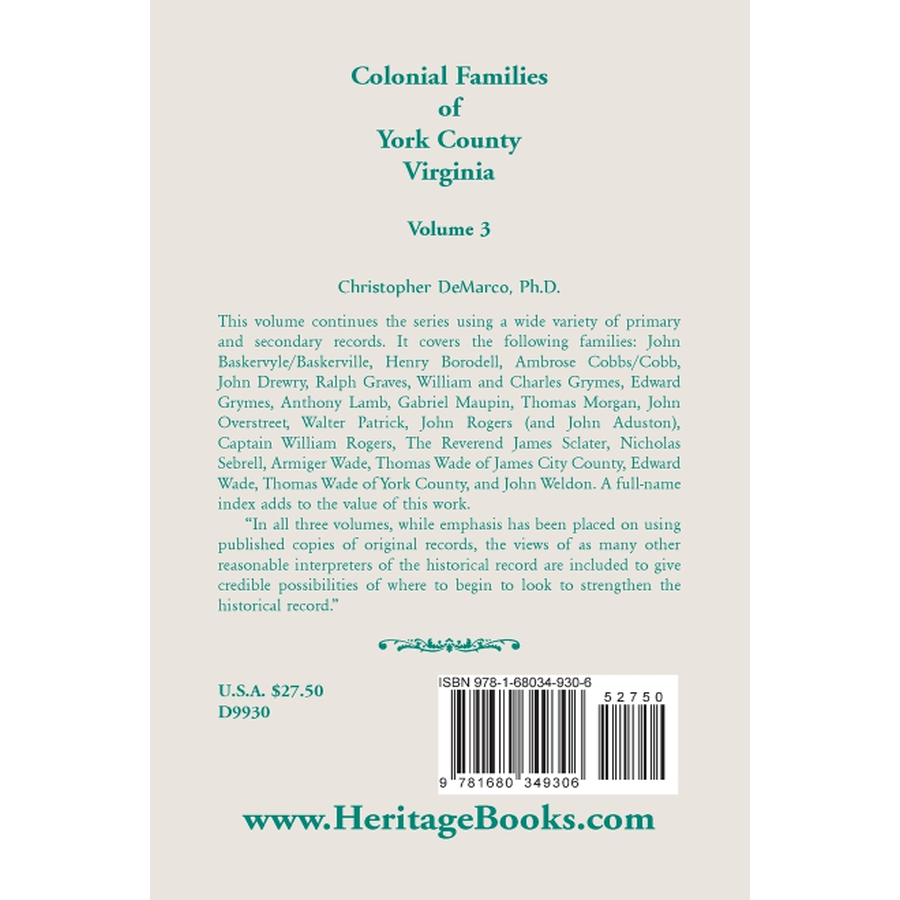 back cover of Colonial Families of York County, Virginia, Volume 3