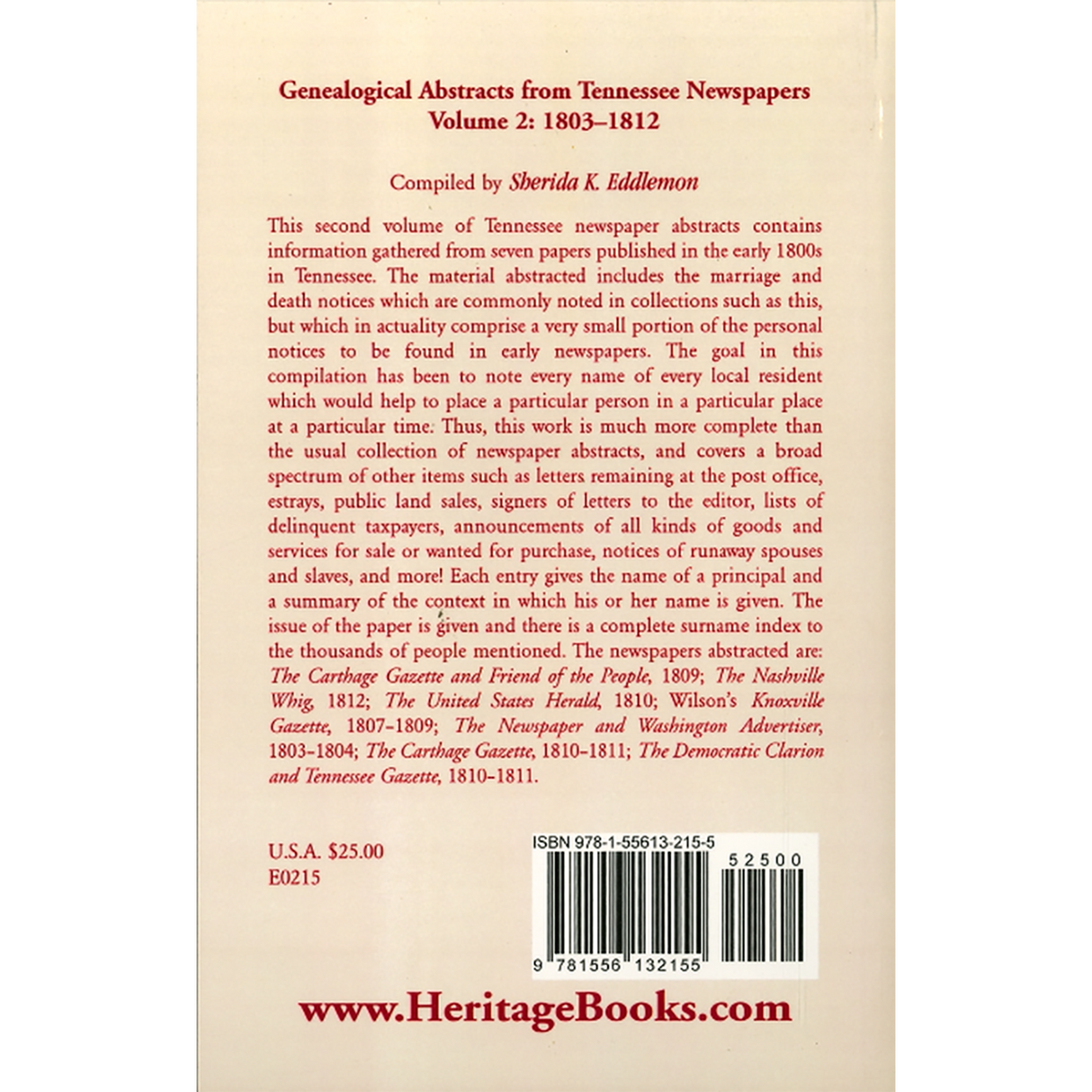 Genealogical Abstracts from Tennessee Newspapers, Volume 2, 1803-1812 back cover