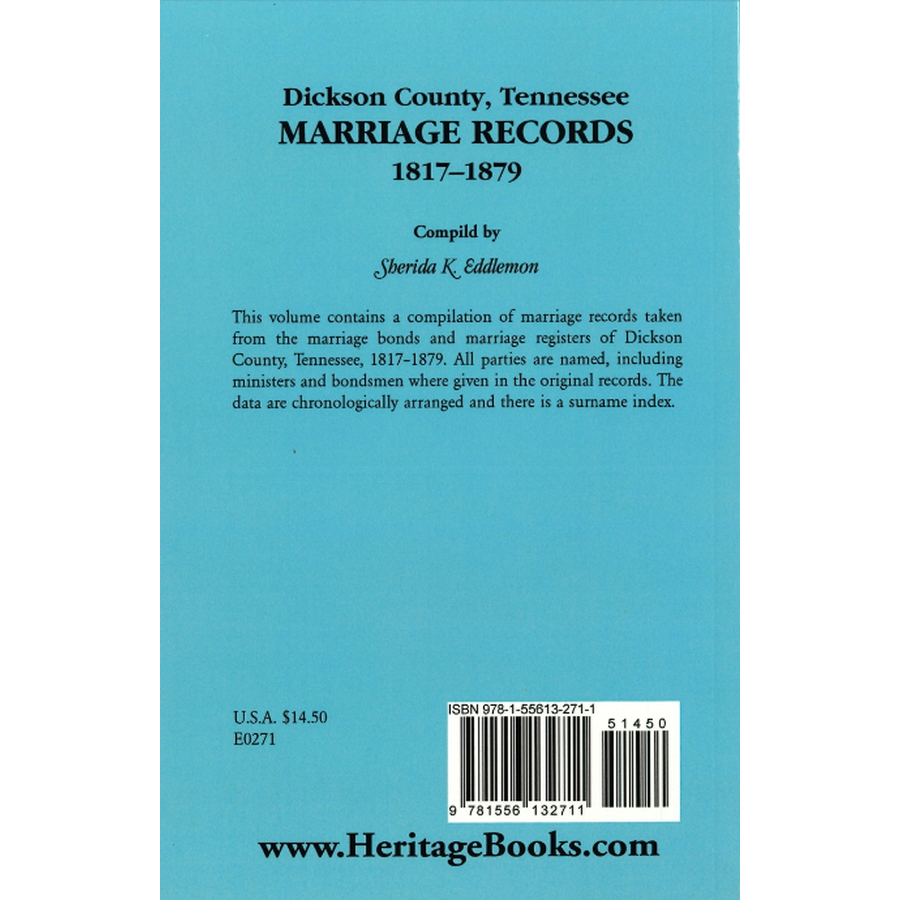 Dickson County, Tennessee Marriage Records, 1817-1879 back cover