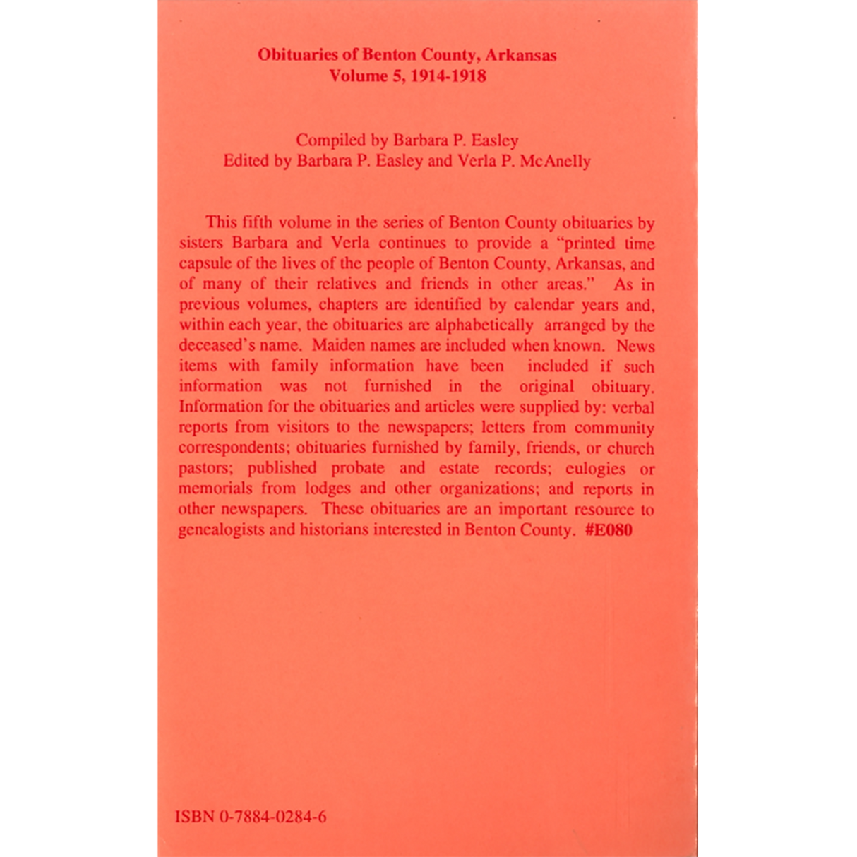 Obituaries of Benton County, Arkansas, Volume 5, 1914-1918 back cover