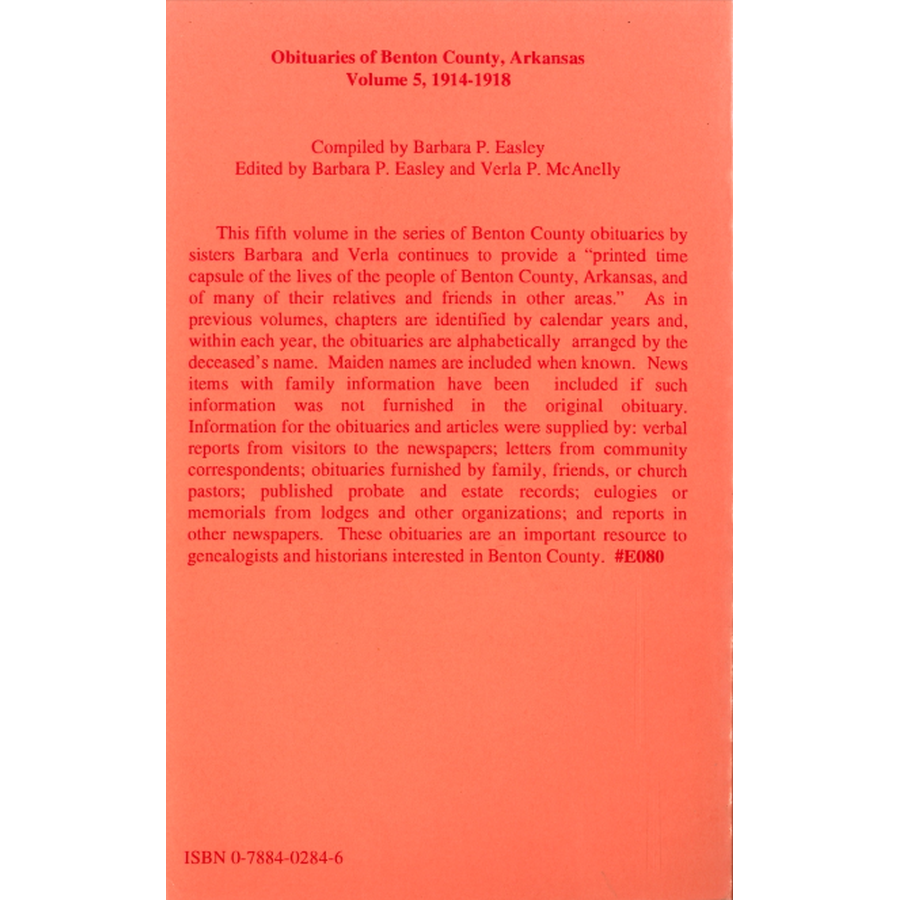 Obituaries of Benton County, Arkansas, Volume 5, 1914-1918 back cover