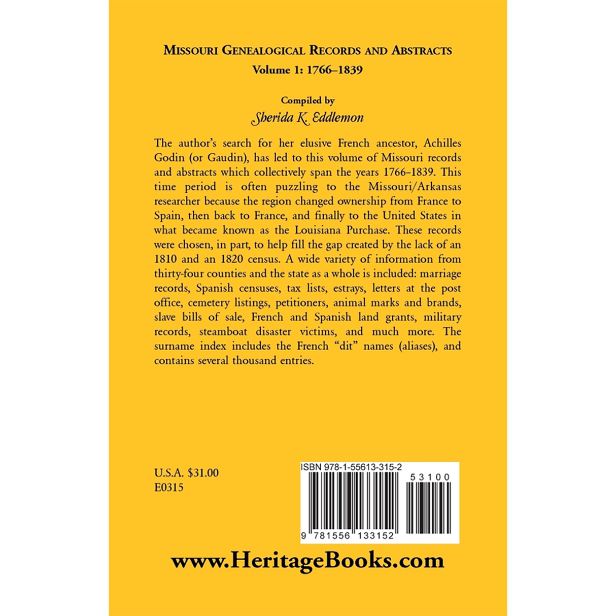 Missouri Genealogical Records and Abstracts, Volume 1: 1766-1839 back cover