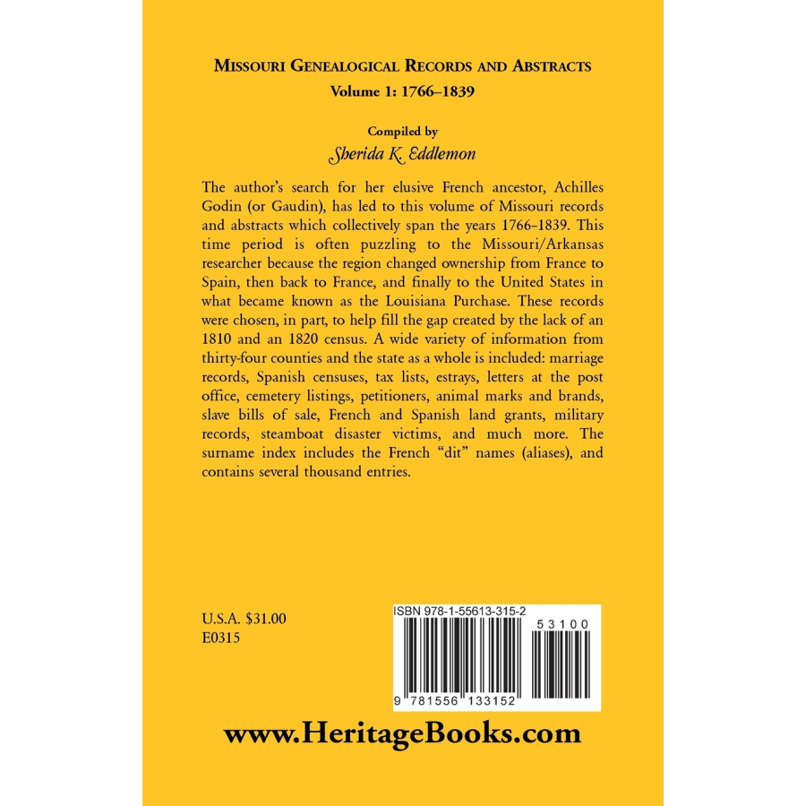 Missouri Genealogical Records and Abstracts, Volume 1: 1766-1839 back cover